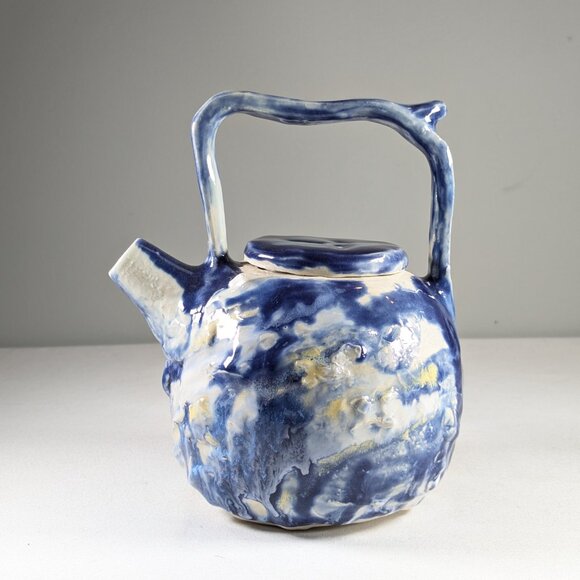 Sassy handmade teapot on stand, hand built ceramic tea pot summer clouds - Picture 10 of 15